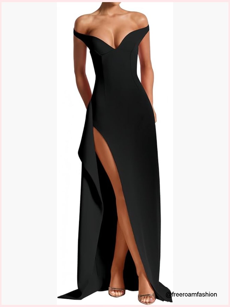 Off Shoulder V Neck Maxi Dress High Slit Corset Party Prom Gown